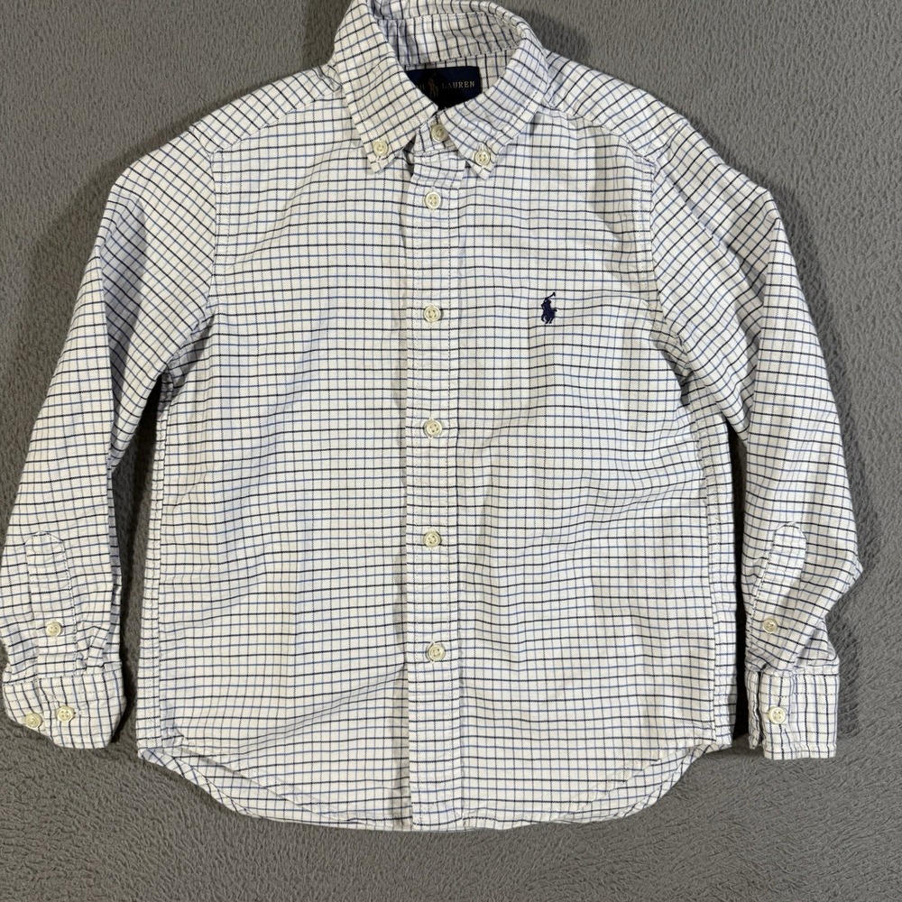 Polo Ralph Lauren Boys Check‎ Button Down Shirt Size 5 White Blue Classic Preppy